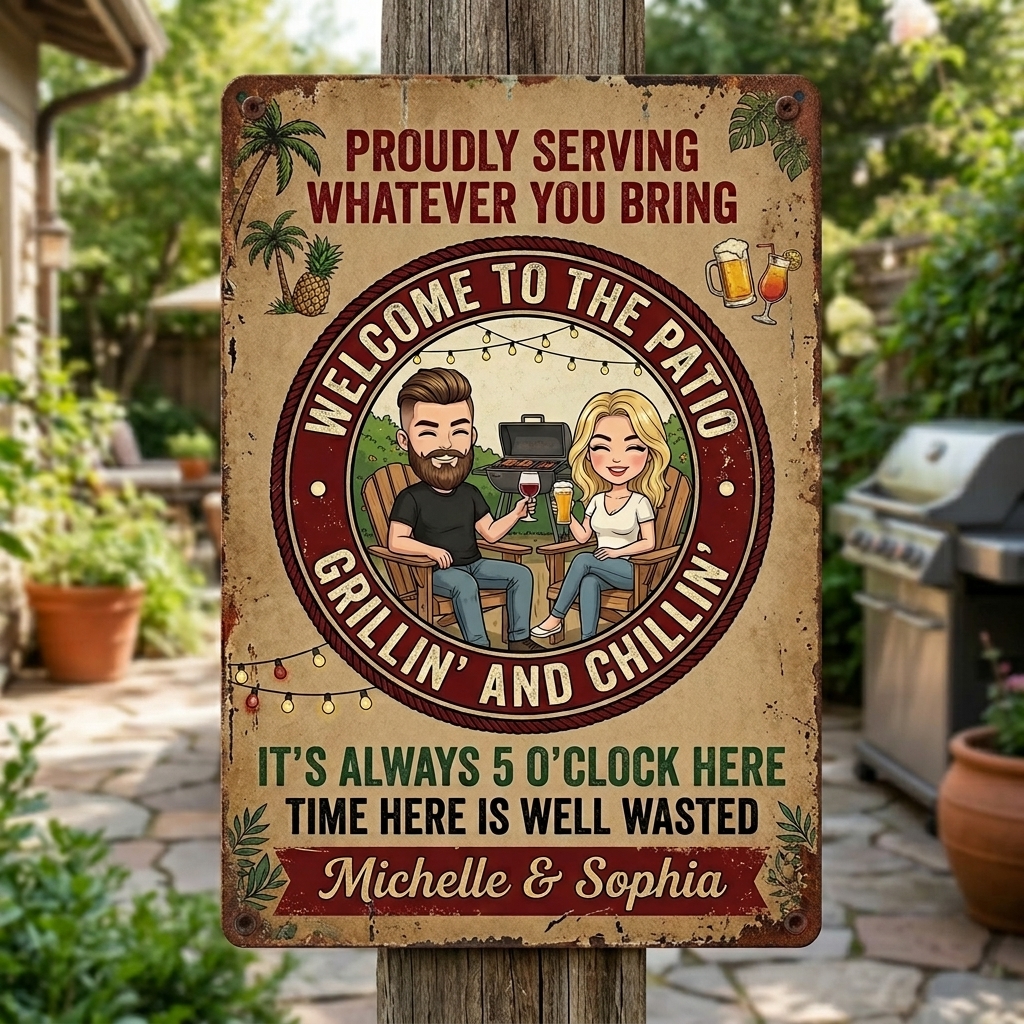 Personalized Retro Couple Patio Welcome Grilling Proudly Serving Whatever You Bring Husband Wife Couple Single Backyard Sign Personalized Custom Classic Metal Signs