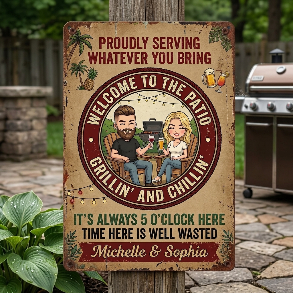 Personalized Retro Couple Patio Welcome Grilling Proudly Serving Whatever You Bring Husband Wife Couple Single Backyard Sign Personalized Custom Classic Metal Signs