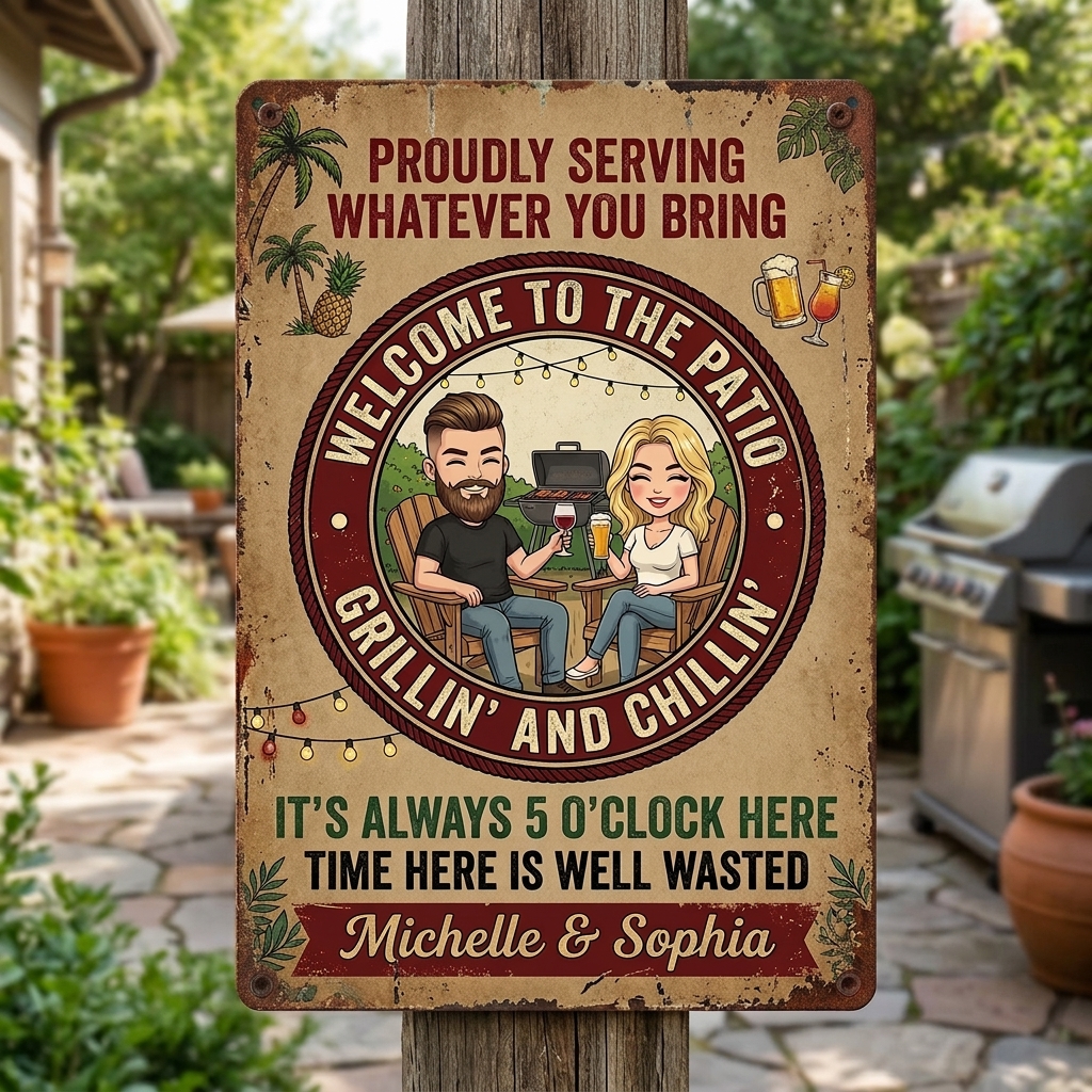 Personalized Retro Couple Patio Welcome Grilling Proudly Serving Whatever You Bring Husband Wife Couple Single Backyard Sign Personalized Custom Classic Metal Signs