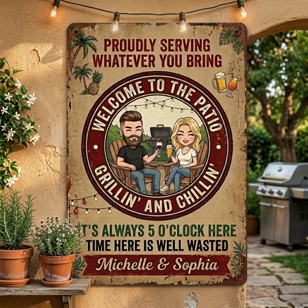 Personalized Retro Couple Patio Welcome Grilling Proudly Serving Whatever You Bring Husband Wife Couple Single Backyard Sign Personalized Custom Classic Metal Signs