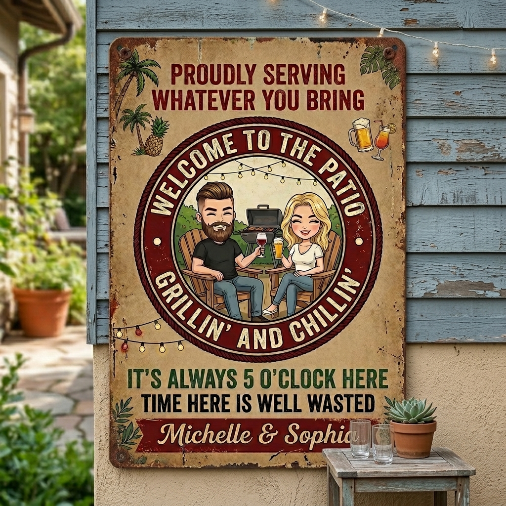 Personalized Retro Couple Patio Welcome Grilling Proudly Serving Whatever You Bring Husband Wife Couple Single Backyard Sign Personalized Custom Classic Metal Signs