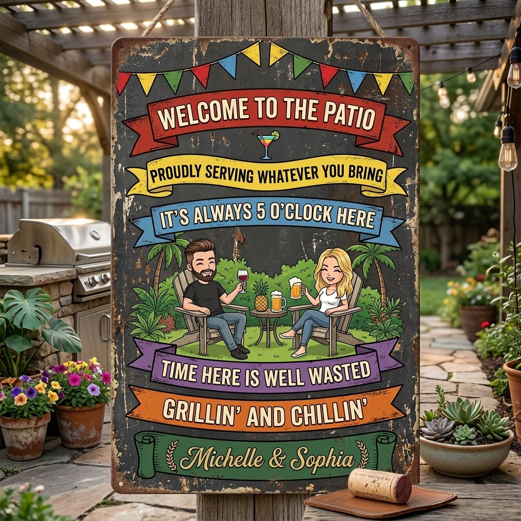Personalized Retro Couple Patio Welcome Grilling Proudly Serving Whatever You Bring Husband Wife Couple Single Backyard Sign Personalized Custom Classic Metal Signs