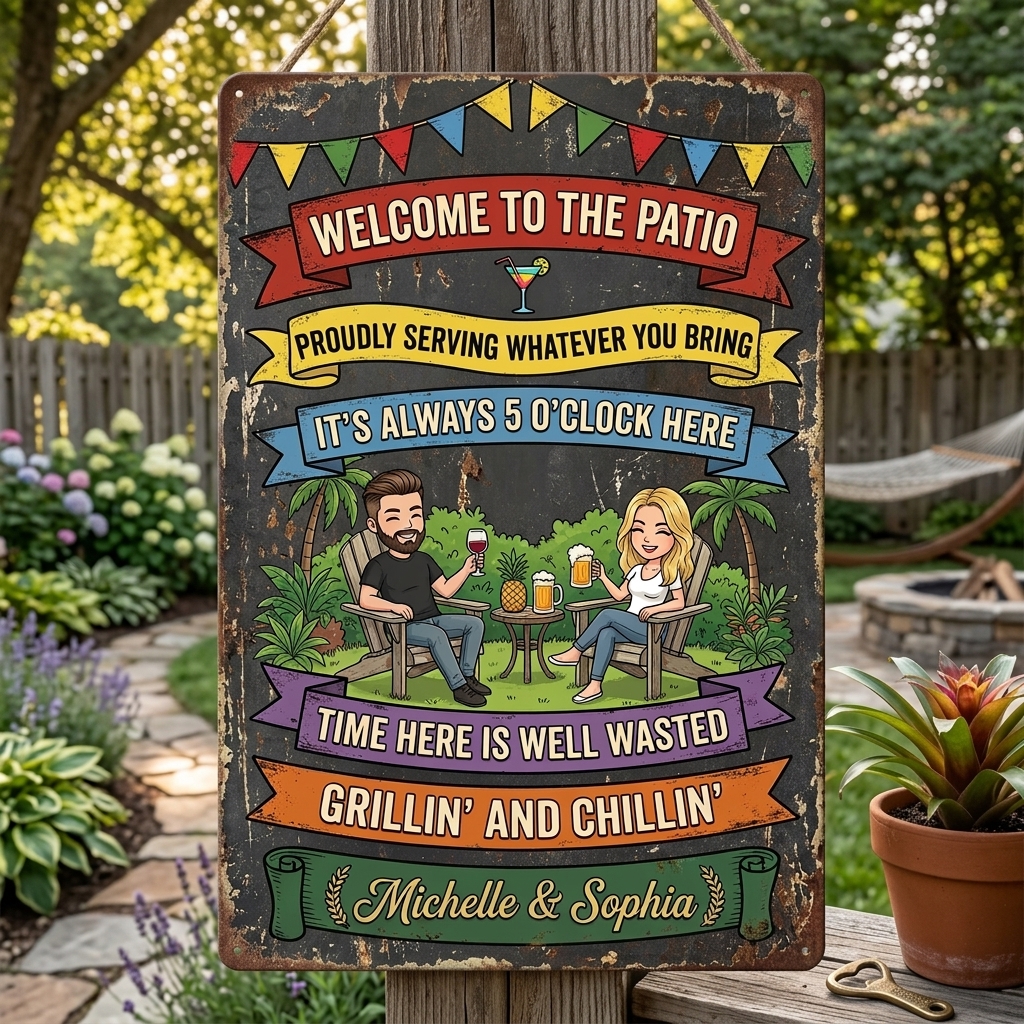 Personalized Retro Couple Patio Welcome Grilling Proudly Serving Whatever You Bring Husband Wife Couple Single Backyard Sign Personalized Custom Classic Metal Signs