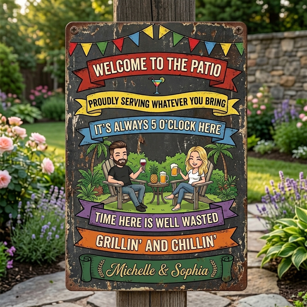Personalized Retro Couple Patio Welcome Grilling Proudly Serving Whatever You Bring Husband Wife Couple Single Backyard Sign Personalized Custom Classic Metal Signs