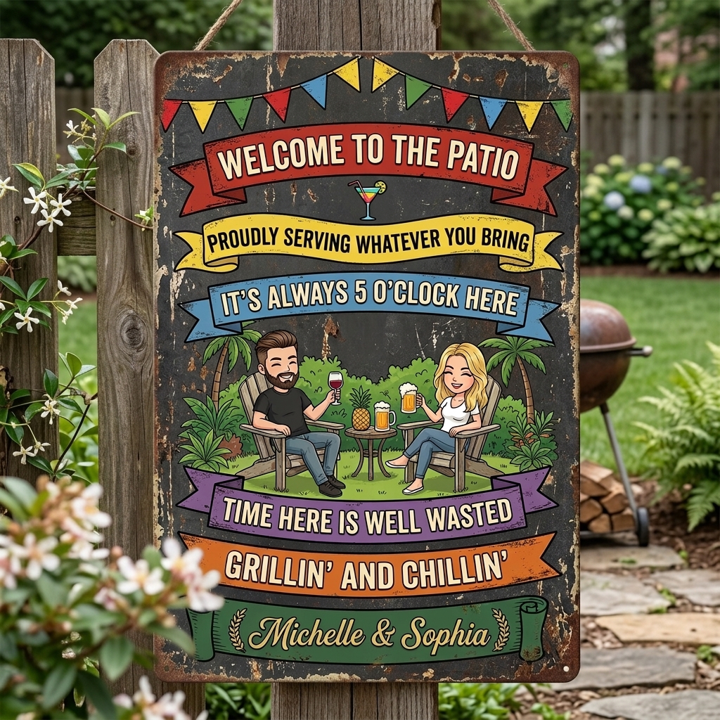 Personalized Retro Couple Patio Welcome Grilling Proudly Serving Whatever You Bring Husband Wife Couple Single Backyard Sign Personalized Custom Classic Metal Signs
