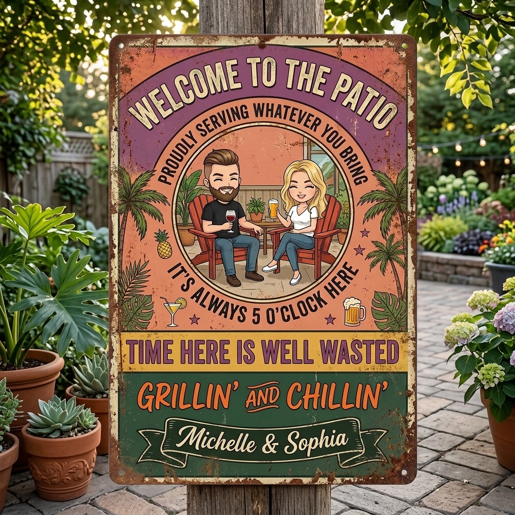 Personalized Retro Couple Patio Welcome Grilling Proudly Serving Whatever You Bring Husband Wife Couple Single Backyard Sign Personalized Custom Classic Metal Signs