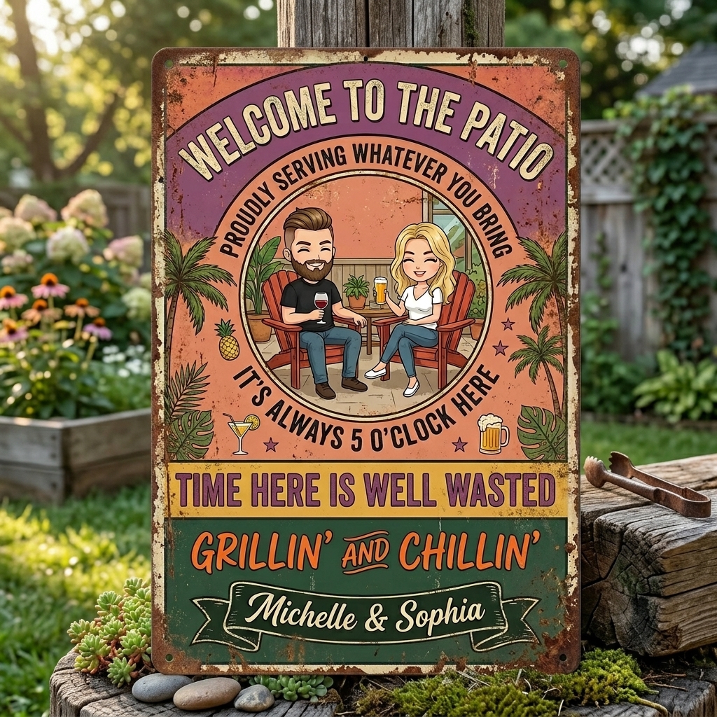 Personalized Retro Couple Patio Welcome Grilling Proudly Serving Whatever You Bring Husband Wife Couple Single Backyard Sign Personalized Custom Classic Metal Signs