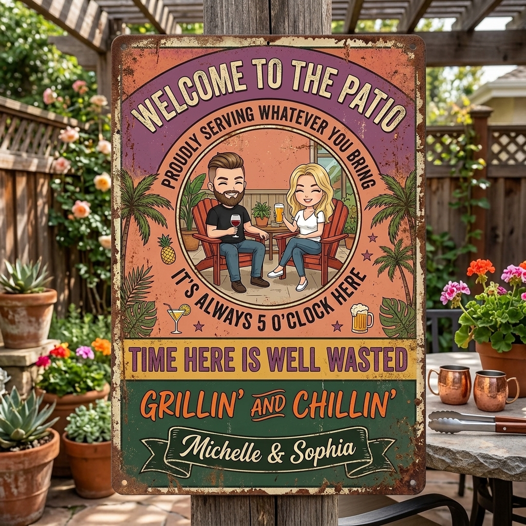 Personalized Retro Couple Patio Welcome Grilling Proudly Serving Whatever You Bring Husband Wife Couple Single Backyard Sign Personalized Custom Classic Metal Signs