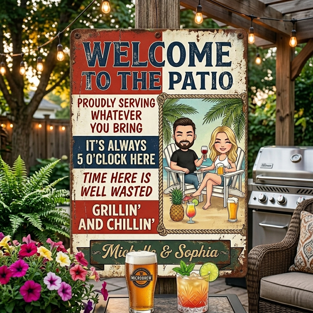 Personalized Patio Welcome Grilling Proudly Serving Whatever You Bring Husband Wife Couple Single Backyard Sign Personalized Custom Classic Metal Signs