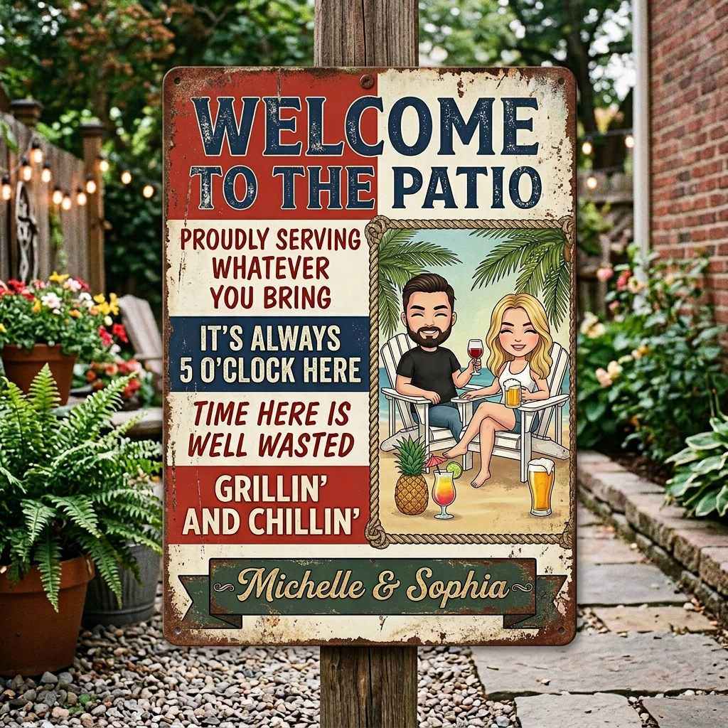 Personalized Patio Welcome Grilling Proudly Serving Whatever You Bring Husband Wife Couple Single Backyard Sign Personalized Custom Classic Metal Signs