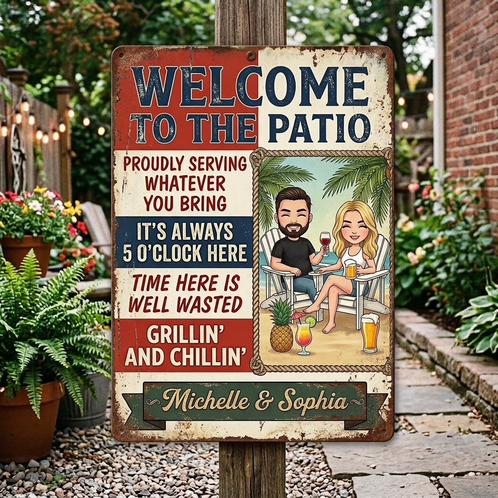 Personalized Patio Welcome Grilling Proudly Serving Whatever You Bring Husband Wife Couple Single Backyard Sign Personalized Custom Classic Metal Signs