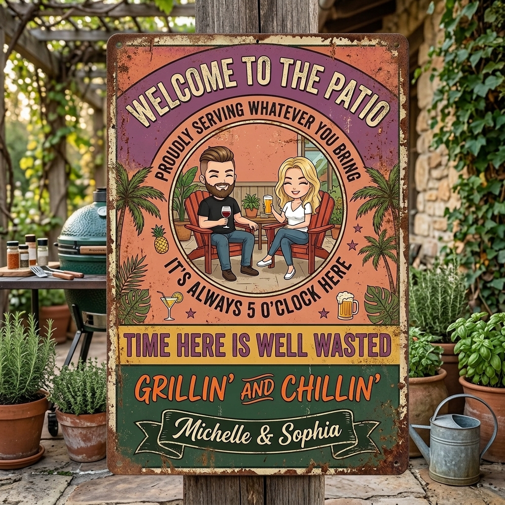 Personalized Retro Couple Patio Welcome Grilling Proudly Serving Whatever You Bring Husband Wife Couple Single Backyard Sign Personalized Custom Classic Metal Signs