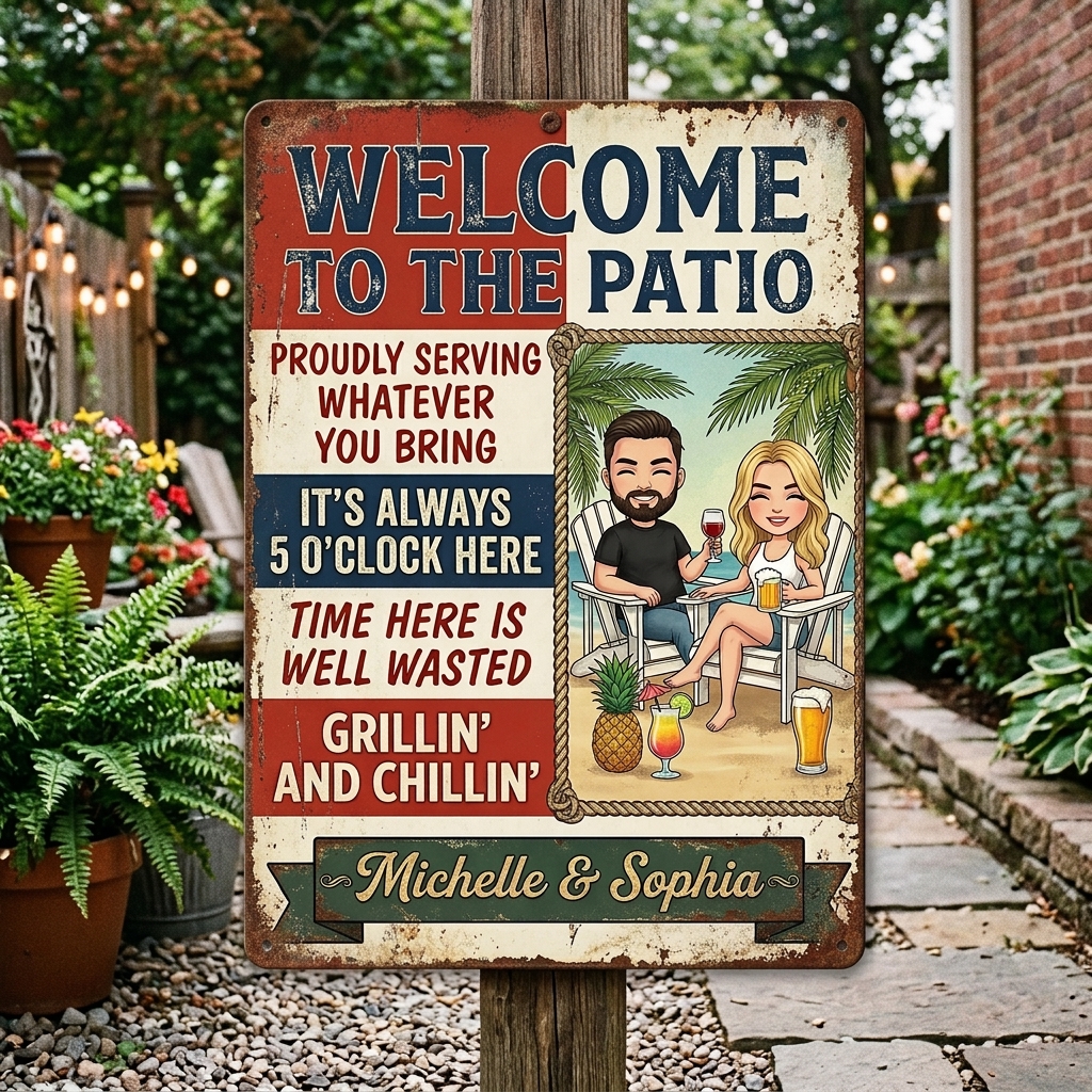 Personalized Patio Welcome Grilling Proudly Serving Whatever You Bring Husband Wife Couple Single Backyard Sign Personalized Custom Classic Metal Signs