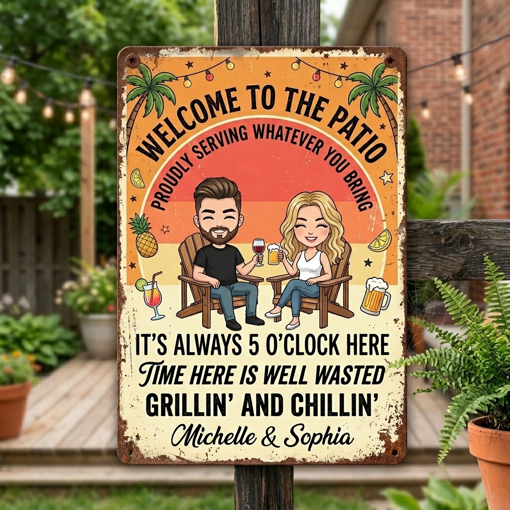 Personalized Couple Patio Welcome Grilling Proudly Serving Whatever You Bring Husband Wife Couple Single Backyard Sign Personalized Custom Classic Metal Signs