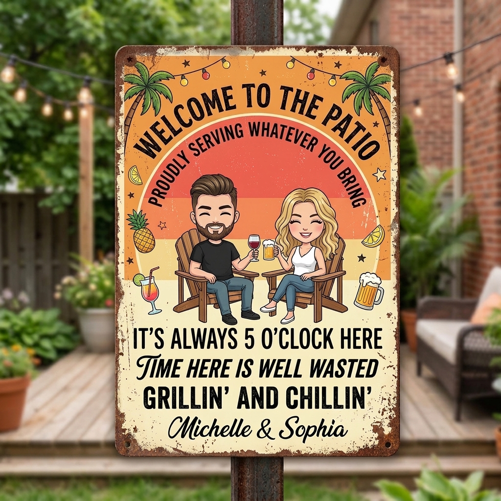 Personalized Couple Patio Welcome Grilling Proudly Serving Whatever You Bring Husband Wife Couple Single Backyard Sign Personalized Custom Classic Metal Signs