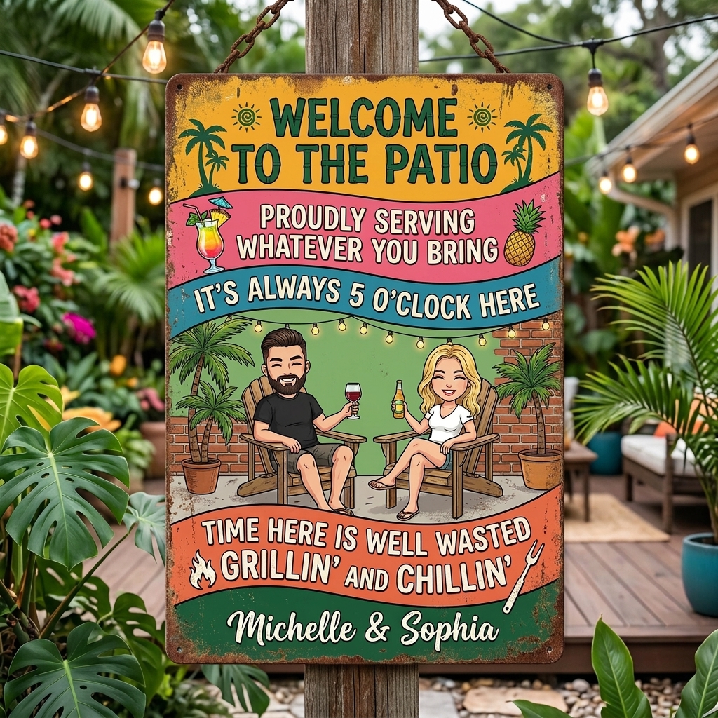 Personalized Patio Welcome Grilling Proudly Serving Whatever You Bring Husband Wife Couple Single Backyard Sign Personalized Custom Classic Metal Signs