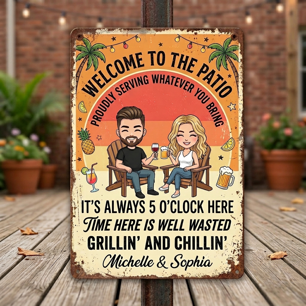 Personalized Couple Patio Welcome Grilling Proudly Serving Whatever You Bring Husband Wife Couple Single Backyard Sign Personalized Custom Classic Metal Signs