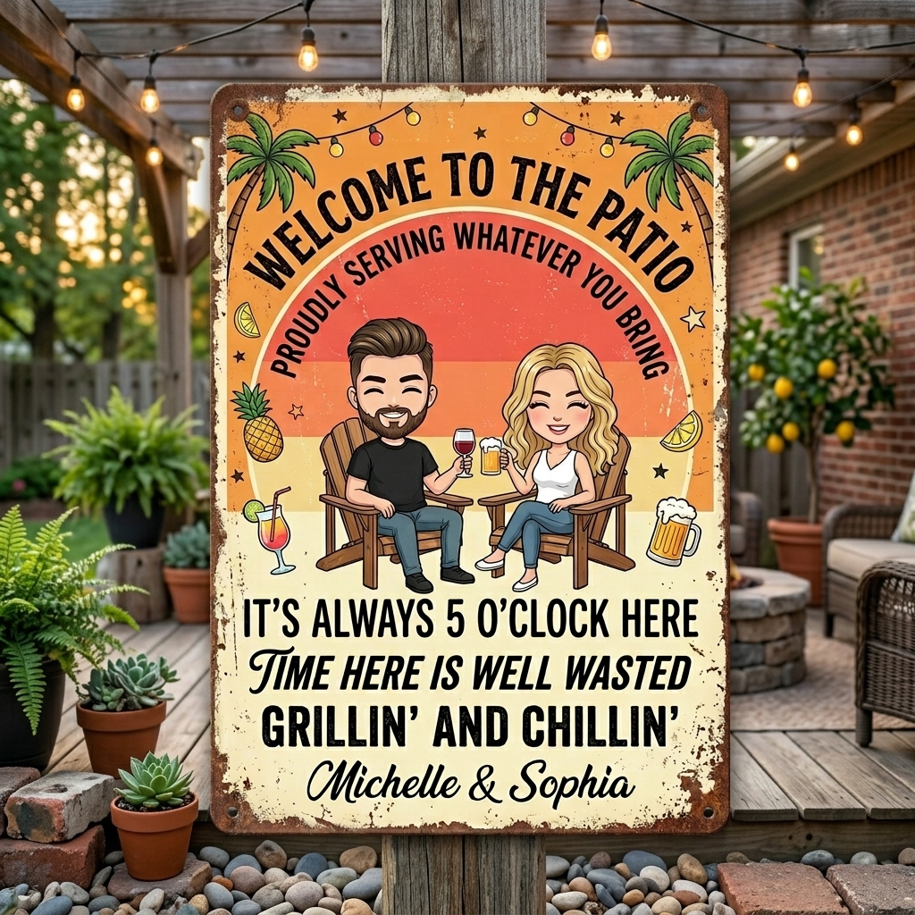 Personalized Couple Patio Welcome Grilling Proudly Serving Whatever You Bring Husband Wife Couple Single Backyard Sign Personalized Custom Classic Metal Signs