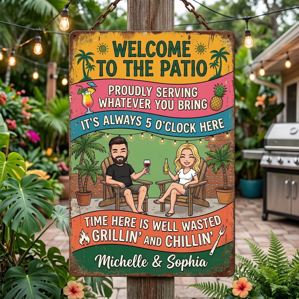 Personalized Patio Welcome Grilling Proudly Serving Whatever You Bring Husband Wife Couple Single Backyard Sign Personalized Custom Classic Metal Signs