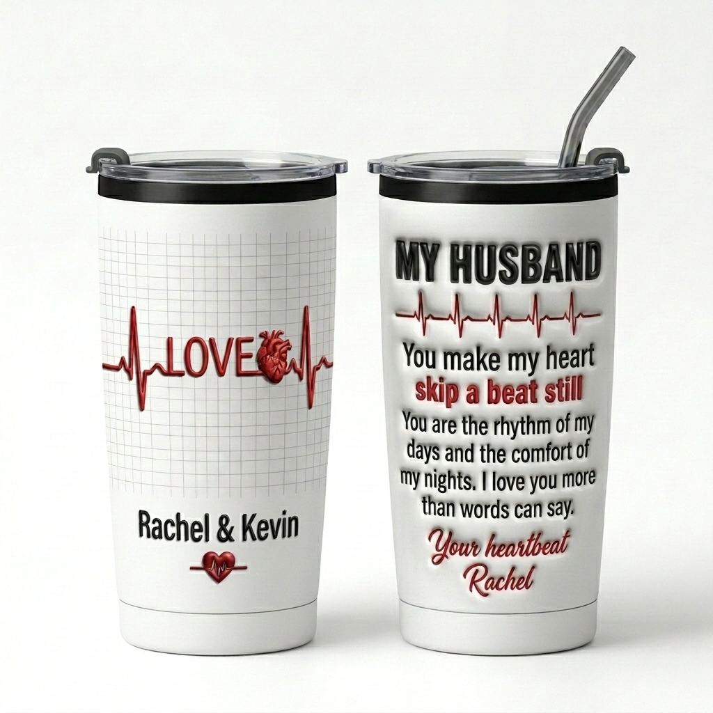 Personalized Love Heartbeat Tumbler for Husband Anniversary Gift for him Couple Name Tumbler 20OZ Stainless Steel Tumbler