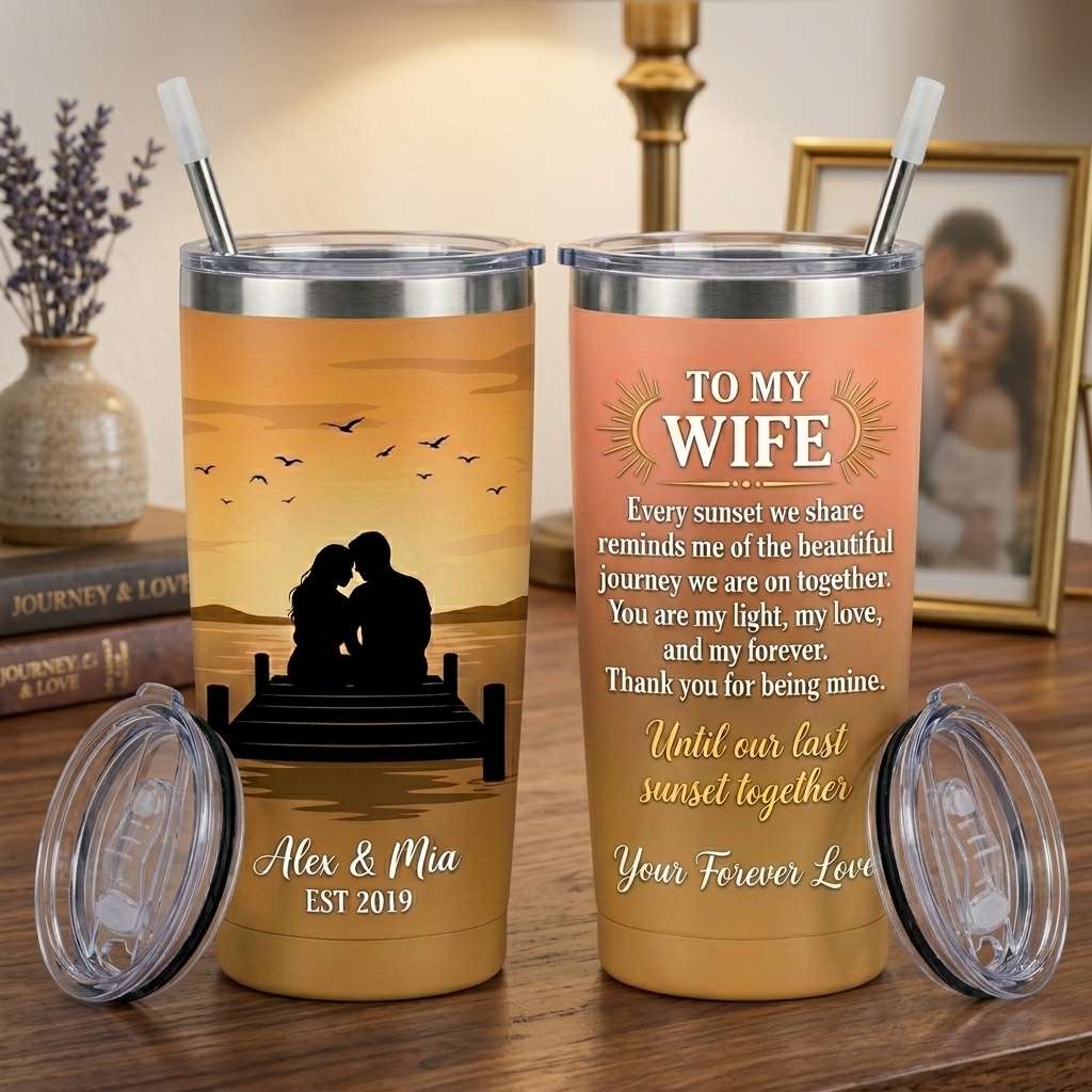 Personalized to Wife Tumbler Customized Couple Silhouettes with Names Sunset Glow Love Tumbler 20OZ Tumbler with Name Gift for Her Couple Matching Tumbler