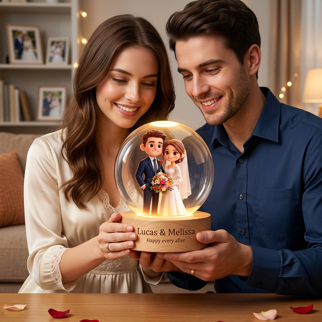 Personalized Cartoon Photo Lamp Couple Cartoon Character Crystal Night Light Custom Picture Memorial Crystal Ball Lamp Wedding Gift Couple Anniversary Gift For Wife Girlfriend Husband