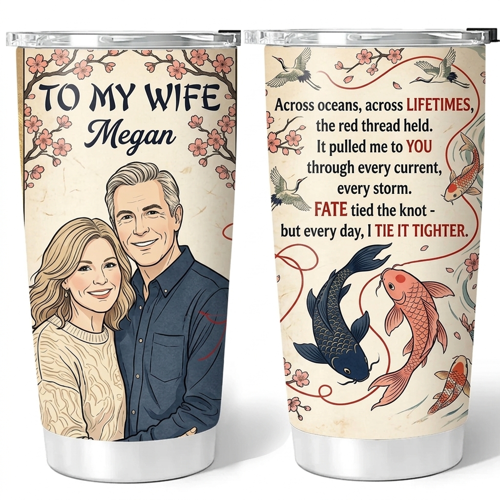 Personalized To My Wife Tumbler Custom Name Vintage Koi Fish Crane Cherry Blossom Stainless Steel Travel Cup Romantic Anniversary Birthday Gift For Wife From Husband, Fate Tied The Knot Love Poem Insulated Coffee Mug