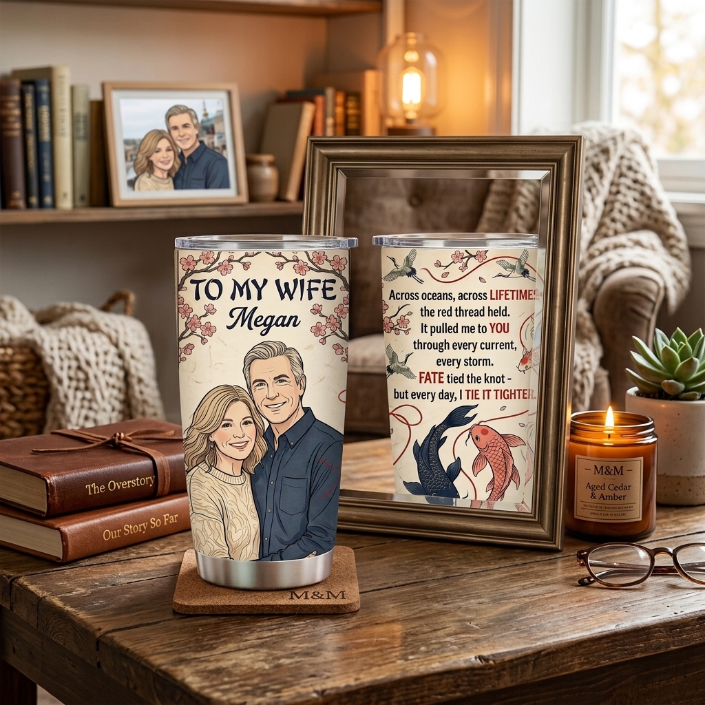 Personalized To My Wife Tumbler Custom Name Vintage Koi Fish Crane Cherry Blossom Stainless Steel Travel Cup Romantic Anniversary Birthday Gift For Wife From Husband, Fate Tied The Knot Love Poem Insulated Coffee Mug