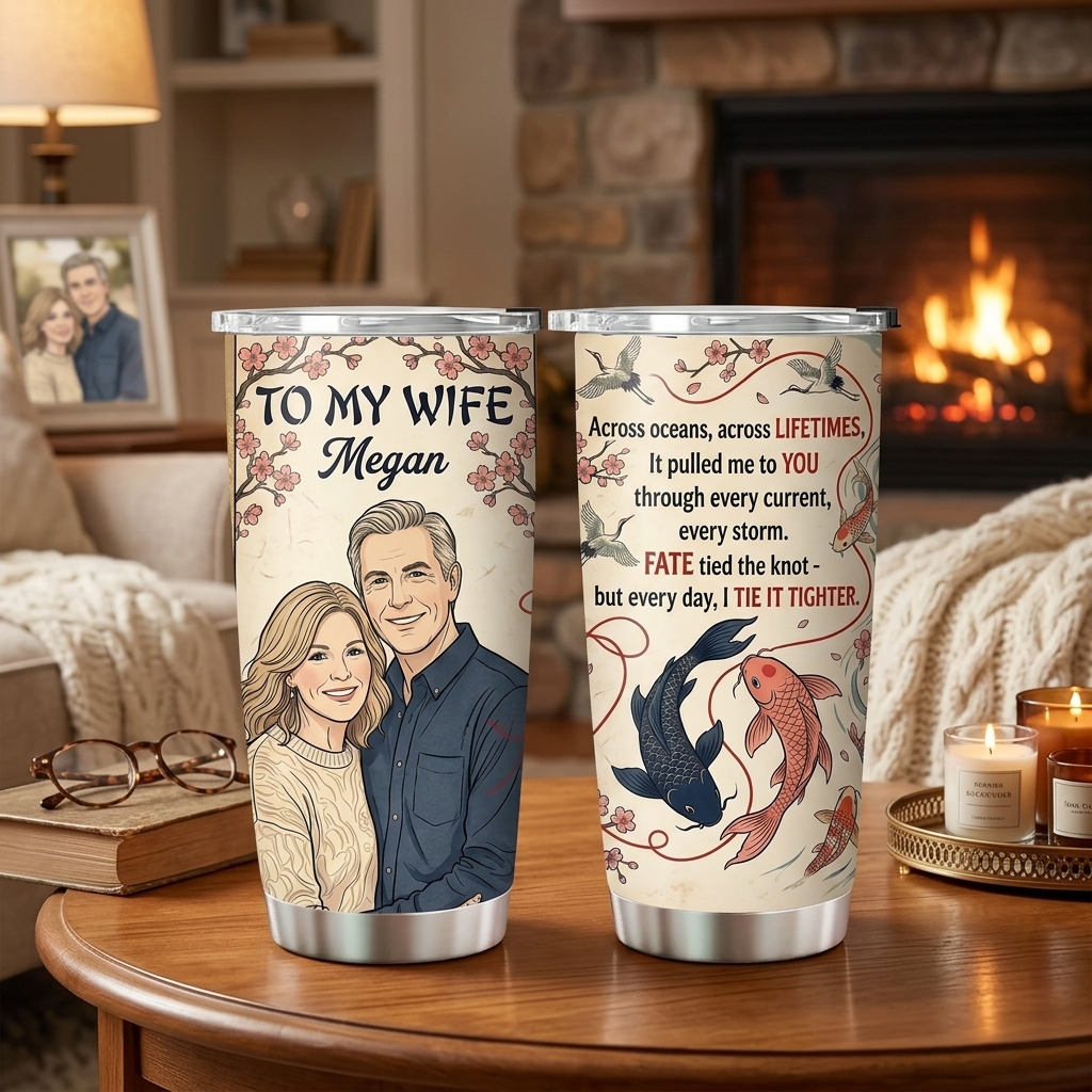 Personalized To My Wife Tumbler Custom Name Vintage Koi Fish Crane Cherry Blossom Stainless Steel Travel Cup Romantic Anniversary Birthday Gift For Wife From Husband, Fate Tied The Knot Love Poem Insulated Coffee Mug
