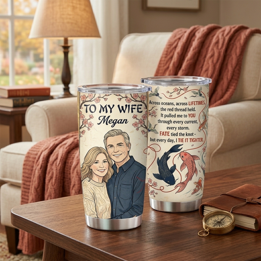 Personalized To My Wife Tumbler Custom Name Vintage Koi Fish Crane Cherry Blossom Stainless Steel Travel Cup Romantic Anniversary Birthday Gift For Wife From Husband, Fate Tied The Knot Love Poem Insulated Coffee Mug