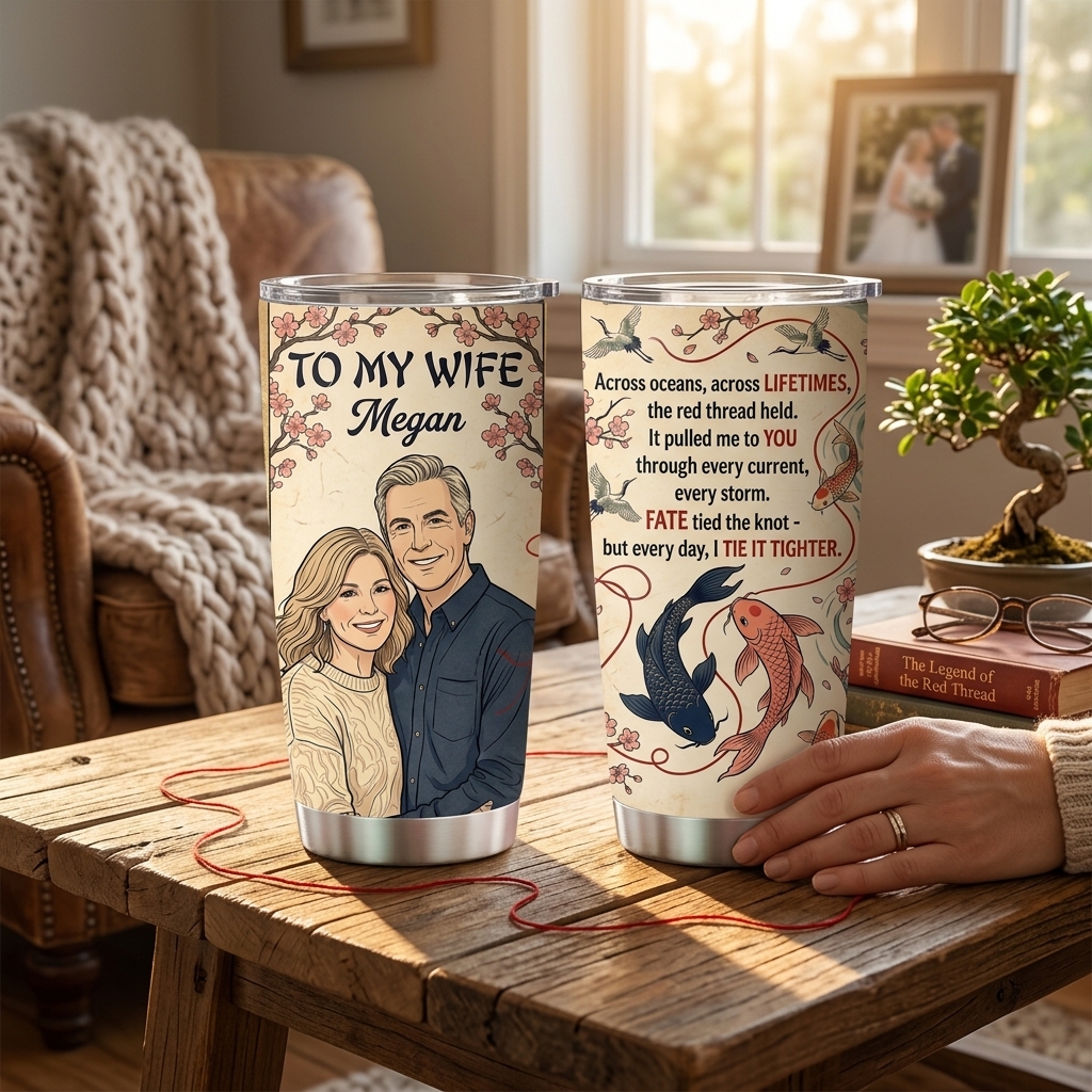 Personalized To My Wife Tumbler Custom Name Vintage Koi Fish Crane Cherry Blossom Stainless Steel Travel Cup Romantic Anniversary Birthday Gift For Wife From Husband, Fate Tied The Knot Love Poem Insulated Coffee Mug