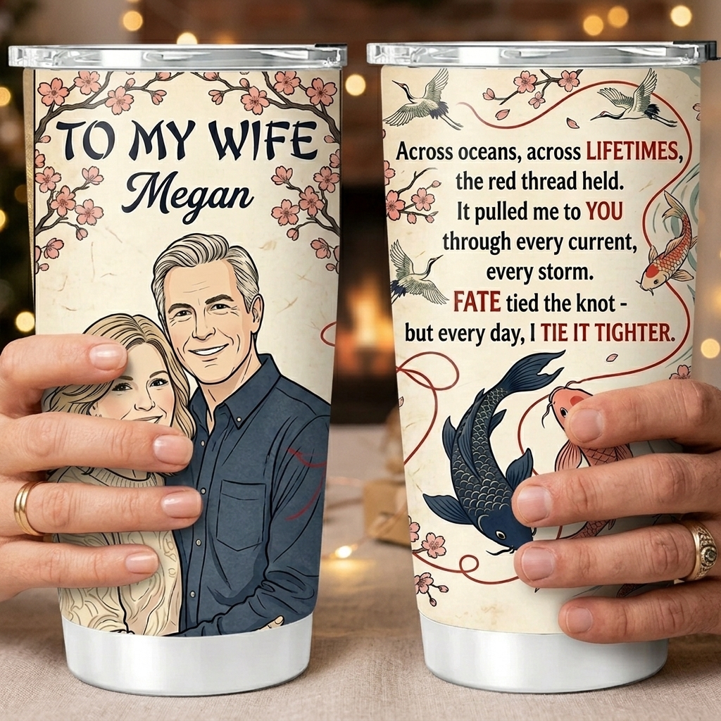Personalized To My Wife Tumbler Custom Name Vintage Koi Fish Crane Cherry Blossom Stainless Steel Travel Cup Romantic Anniversary Birthday Gift For Wife From Husband, Fate Tied The Knot Love Poem Insulated Coffee Mug