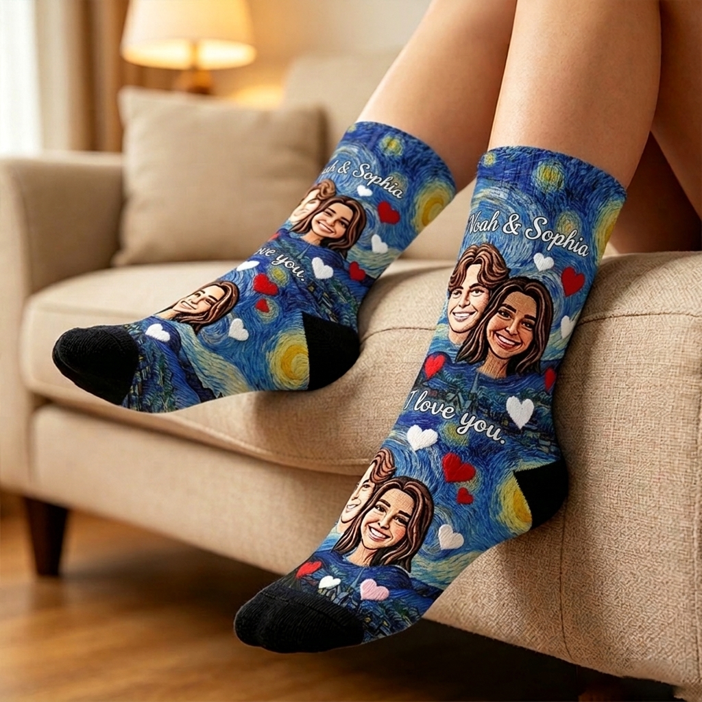 Personalized Couple Face Photo Socks Van Gogh's Starry Night I Love You Socks for Her Valentine's Day Socks for Husband Wife Boyfriend Girlfriend Sock Gift