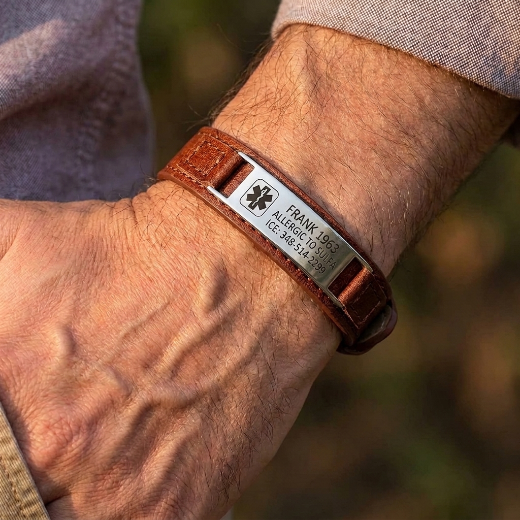 Personalized Adjustable Medical Alert ID Bracelet for Men - Engraved Leather & Steel - Emergency Contact SOS Medic