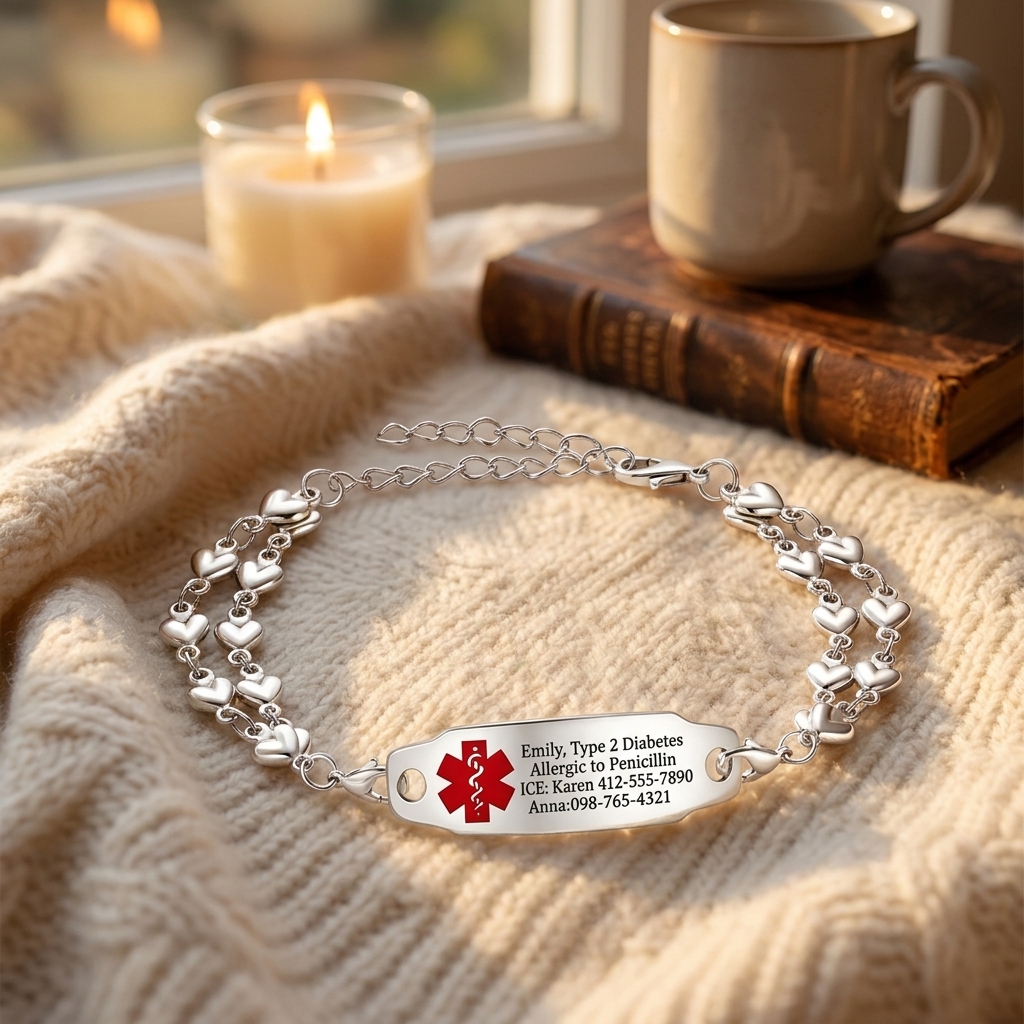 Personalized Emergency Bracelet, Adjustable Medical ID Bracelet Women, Breast Cancer Survivor Bracelet, Medic Conditions Jewelry Emergency Jewelry