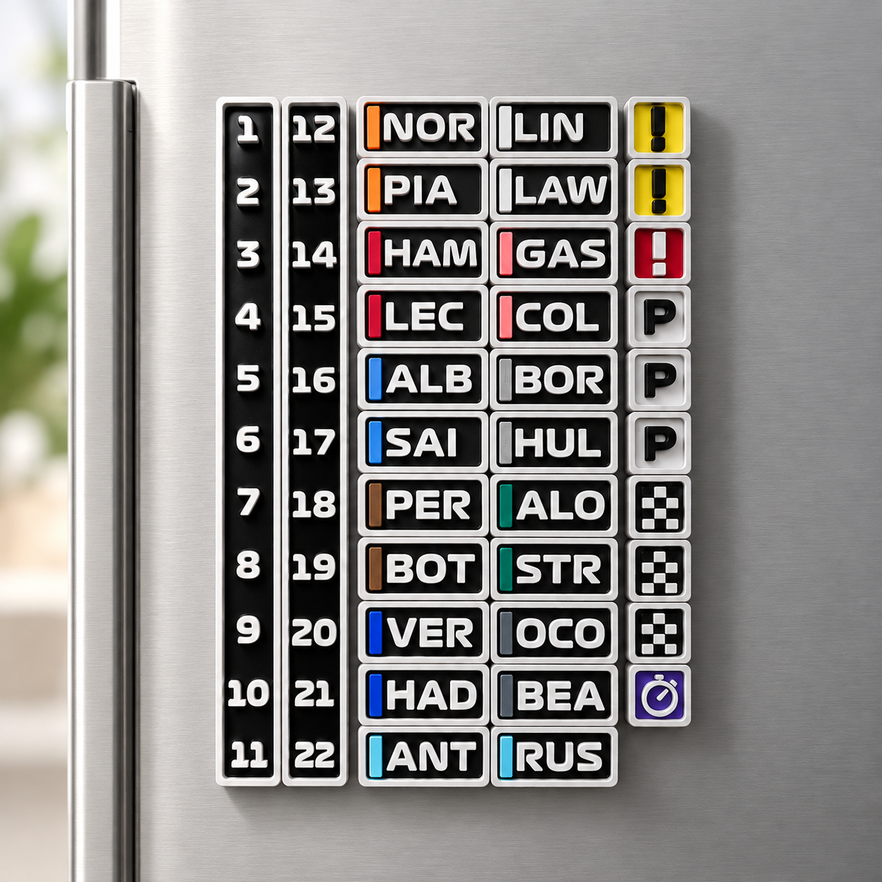 Motorsport Grand Prix Driver Leaderboard Magnetic Tracker, 22 Racers Name Magnets Racing Fan Gift, 3D Printed Interactive Race Standings Board