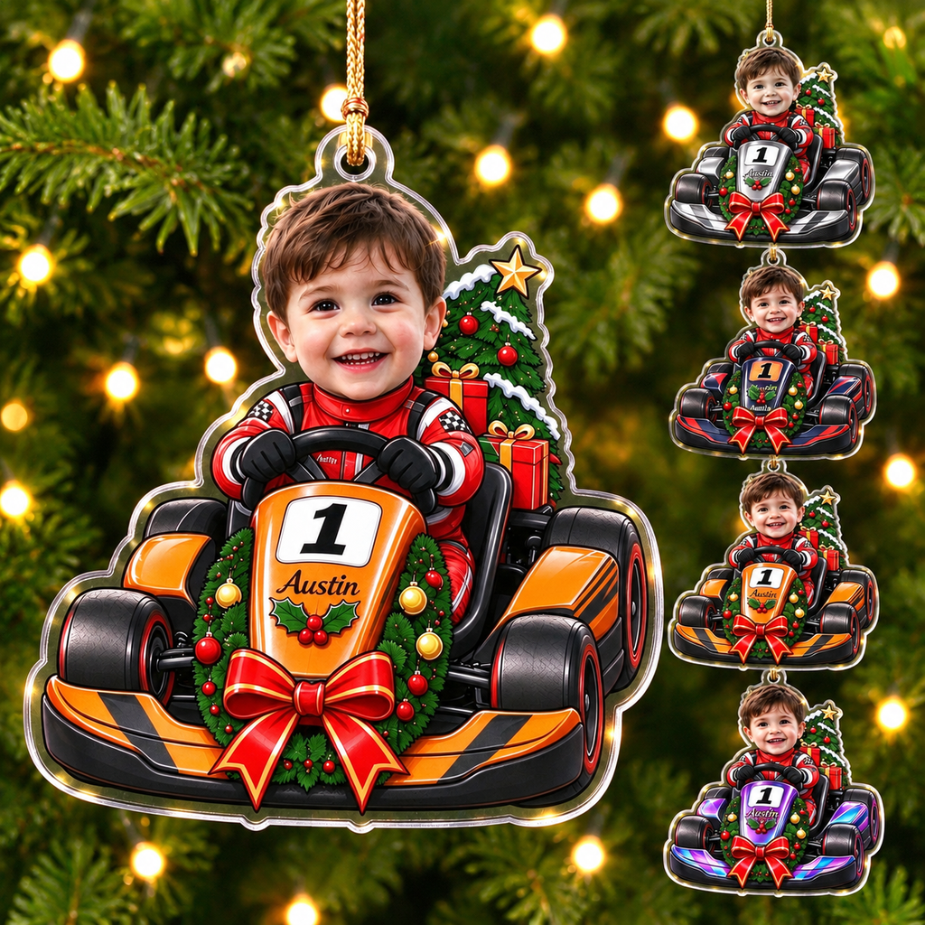 Personalized Name Kart Racing Boy Christmas Ornament, Custom Face Photo Christmas Tree Ornament Gift