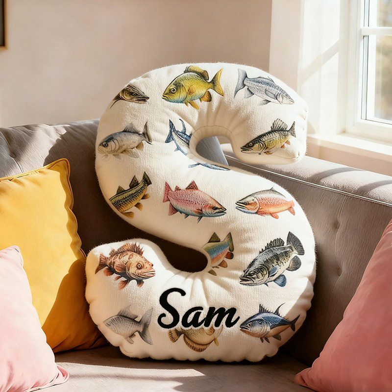 Personalized Fishing Letter Pillow Funny Fishing Pillow Custom Name Cushion with Realistic Fish Prints Graphic 3D Print Soft and Unique Gift for Fishing Enthusiasts and Home Decor