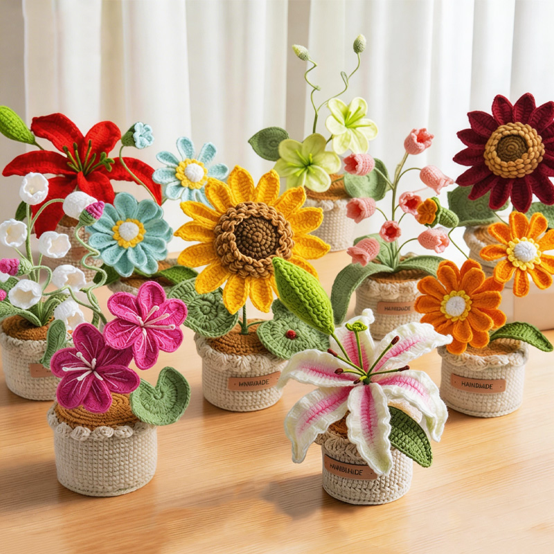 Handmade Crochet Sunflower Rose Lily Flower Pot Mother S Day Birthday Graduation Decor Cute Gift for Her Kid Girlfriend Friend Mom Grandma