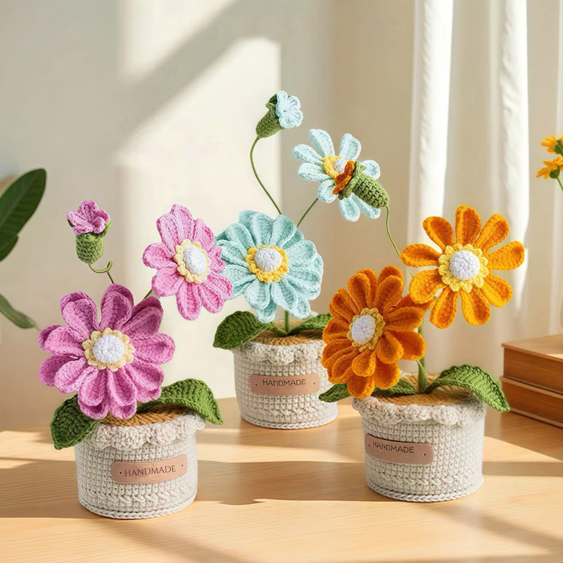 Handmade Crochet Sunflower Rose Lily Flower Pot Mother S Day Birthday Graduation Decor Cute Gift for Her Kid Girlfriend Friend Mom Grandma