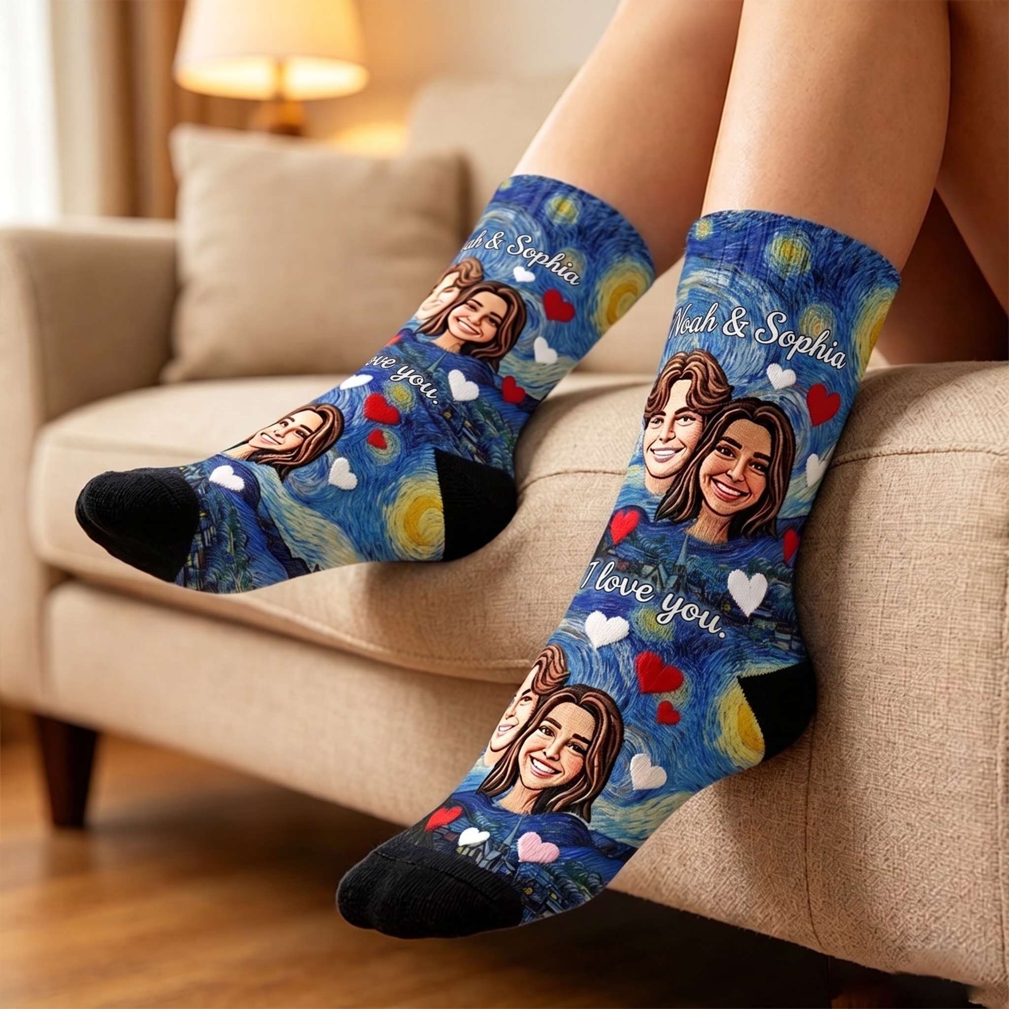 Personalized Couple Face Photo Socks Van Gogh's Starry Night I Love You Socks for Her Valentine's Day Socks for Husband Wife Boyfriend Girlfriend Sock Gift