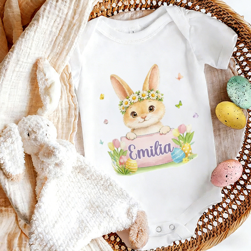 Personalized Easter Bunny Theme Custom Name Floral Wreath Cute Infant Outfit Spring Gift for Newborn Toddler Baby Bodysuit