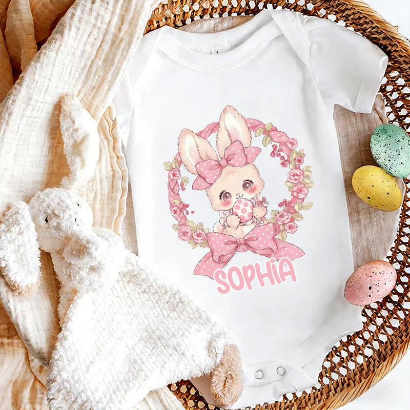 Personalized Easter Bunny Floral Theme Custom Name Cute Infant Outfit Spring Gift for Baby Girl Photography Easter Party Baby Bodysuit
