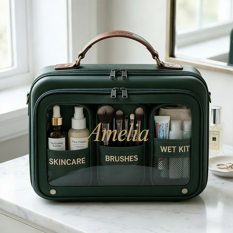 Personalized Travel Toiletry Bag  for  Women  Custom Name Makeup Organizer with Clear Window Waterproof Cosmetic Case Gift for Traveler