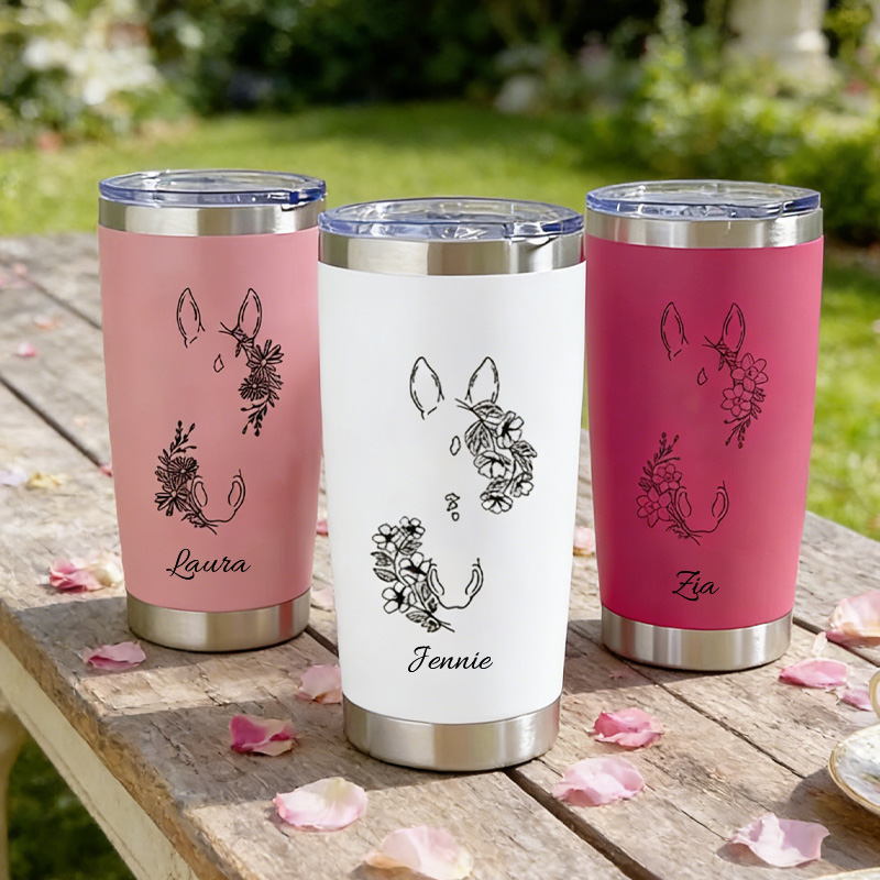 Personalized Line Drawing Birth Flower Horse Gradient Name Insulated Tumbler with Lid and Straw Birthday Gift for Equestrain Lovers