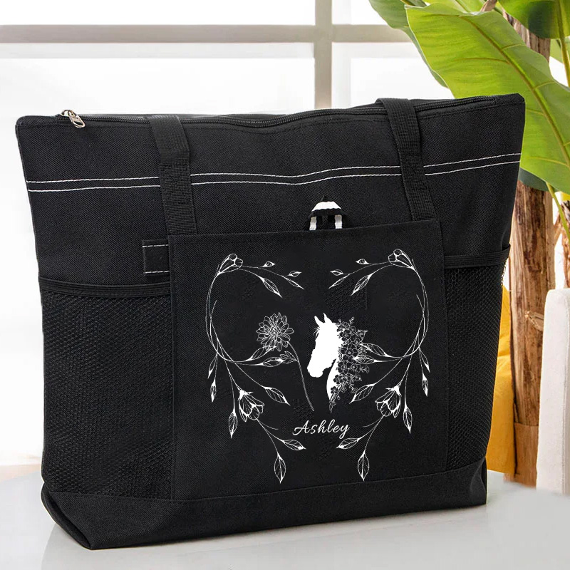 Personalized Horse Heart Birth Flower Oxford Large Tote Bag with Name Travel Essentials Birthday Gift for Equestrain Lovers 