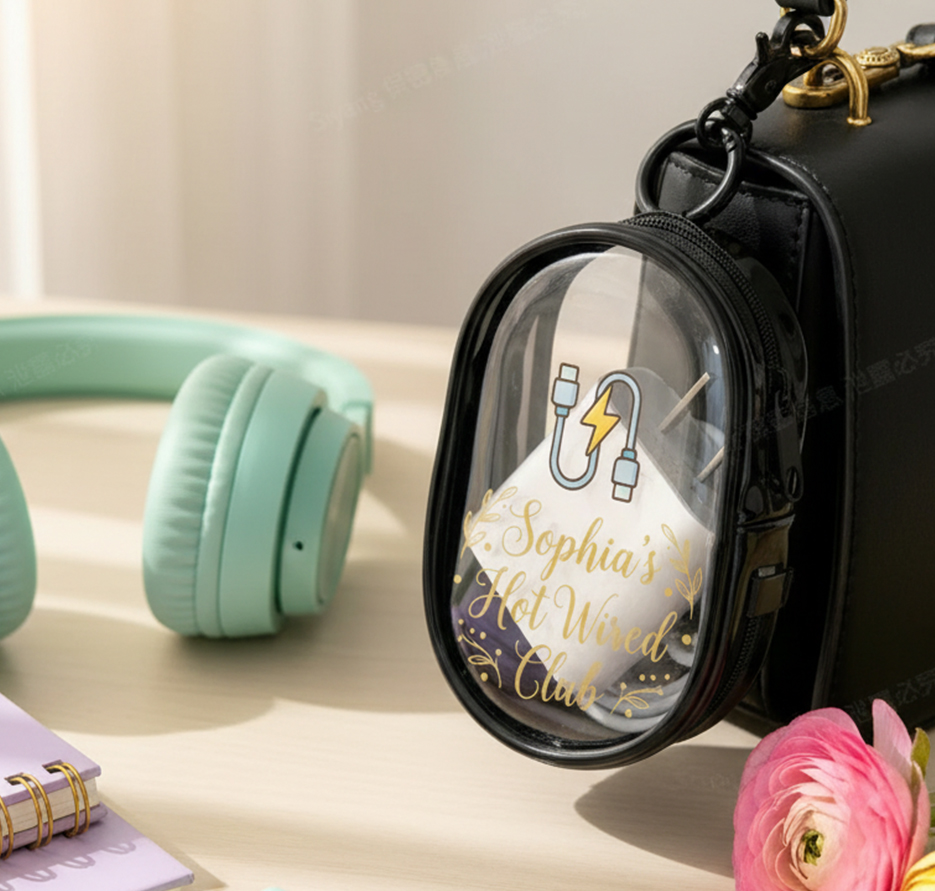 Personalized Travel Cable Organizer Bag  Custom Name Portable Charger Storage Case with Waterproof Transparent Window and  Hook  for Travelers