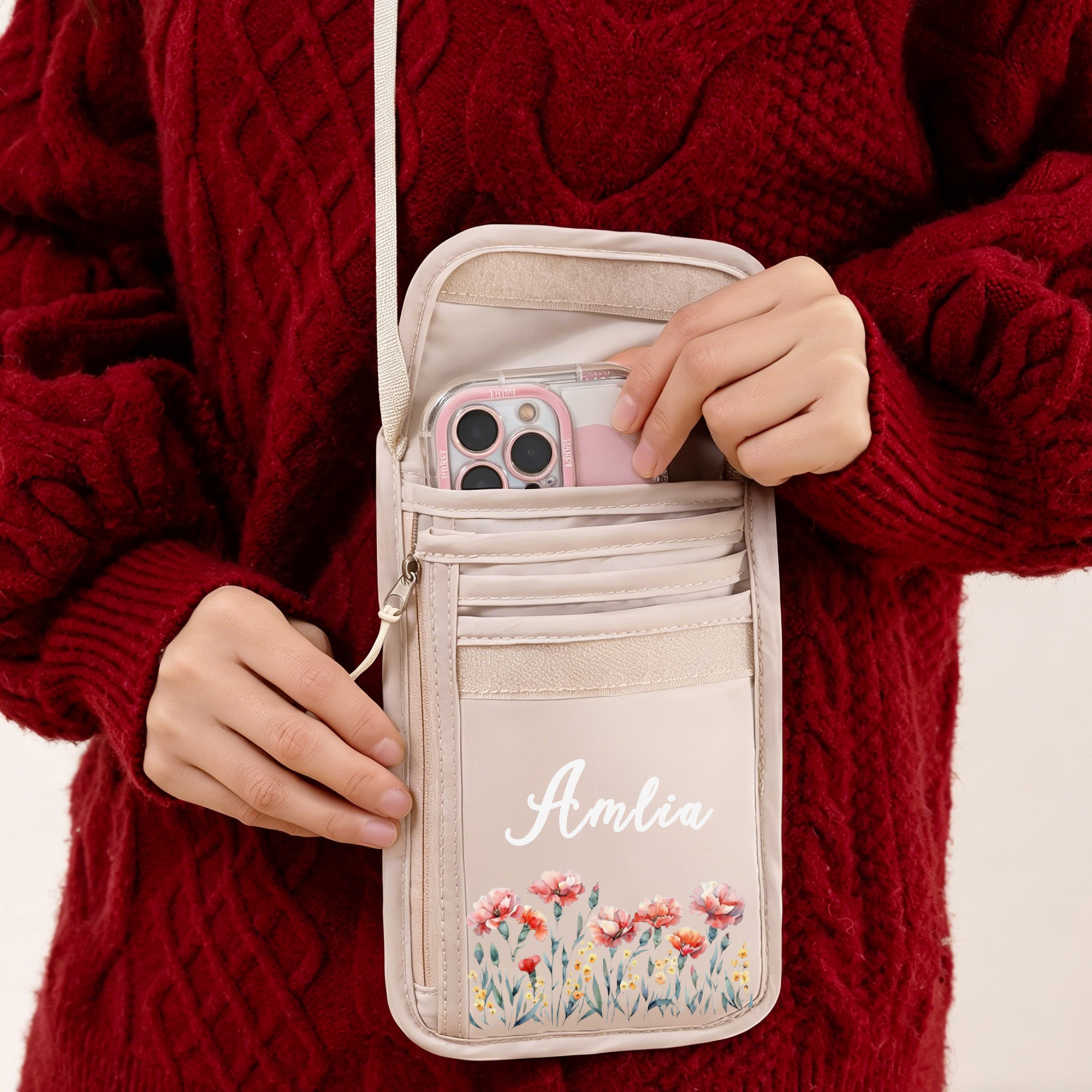 Personalized Waterproof Passport Crossbody Bag Custom Name and Birth Flower Travel Organizer with Modular Storage Adjustable Strap  Wallet Gift for Traveler