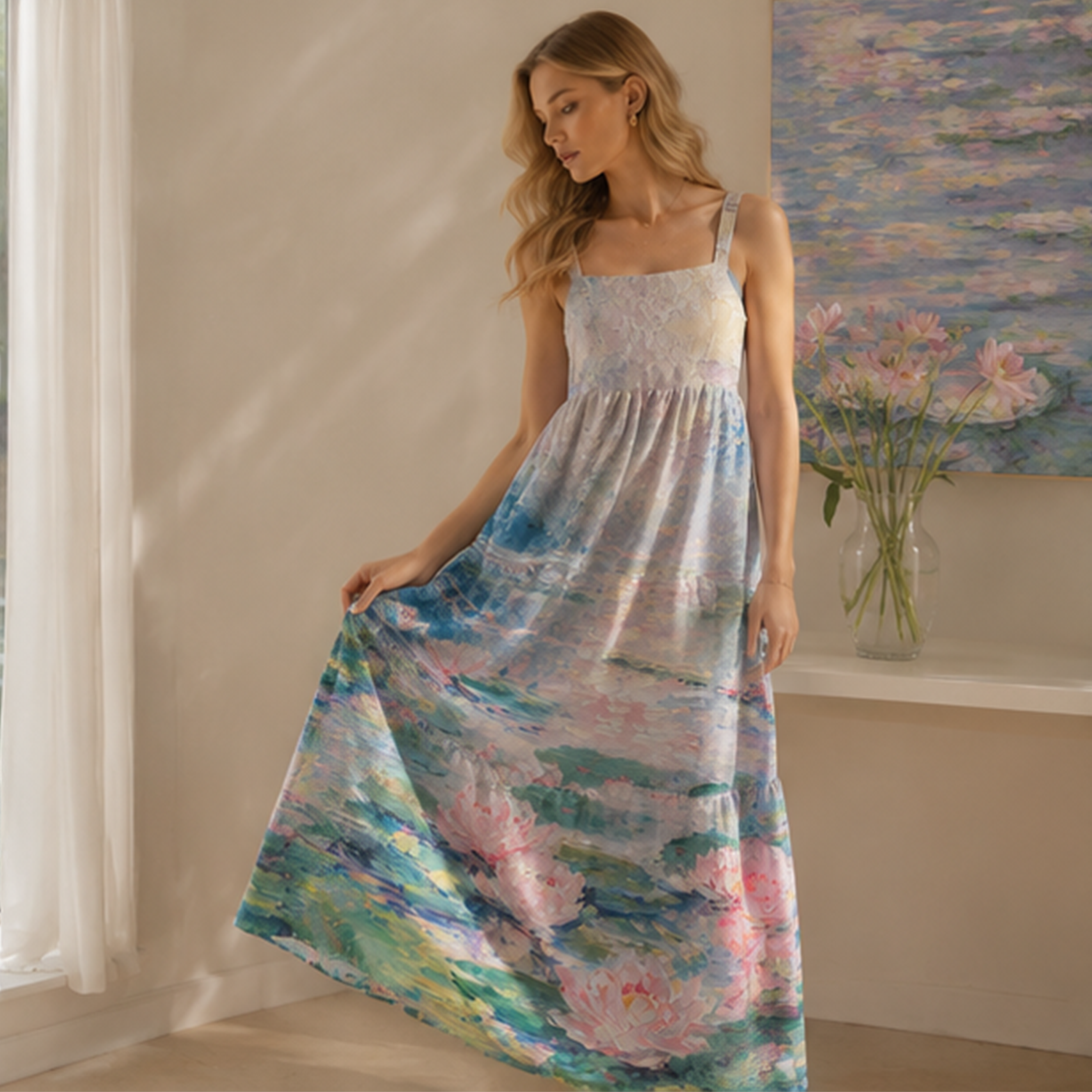 Oil Painting Water Lily Printed Maxi Dress
