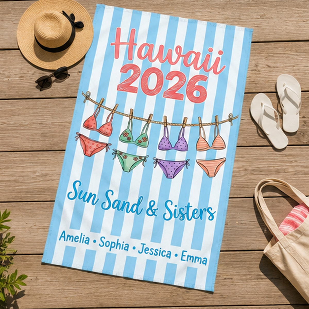 Personalized “Sun, Sand & Sisters” Beach Towel – Custom Hawaii Trip Year and Names